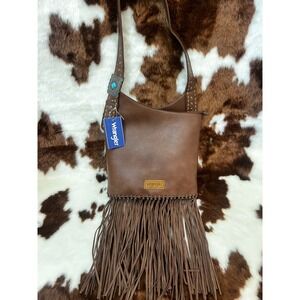 Wrangler Brown Vegan Leather Fringe Crossbody Bag Western Boho Studded